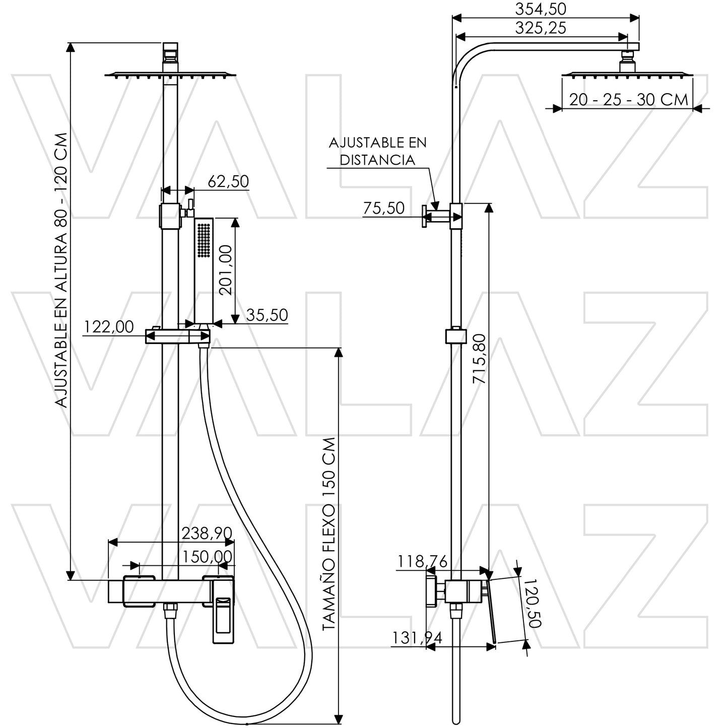 Columna de ducha monomando cuadrada con maneta hueca