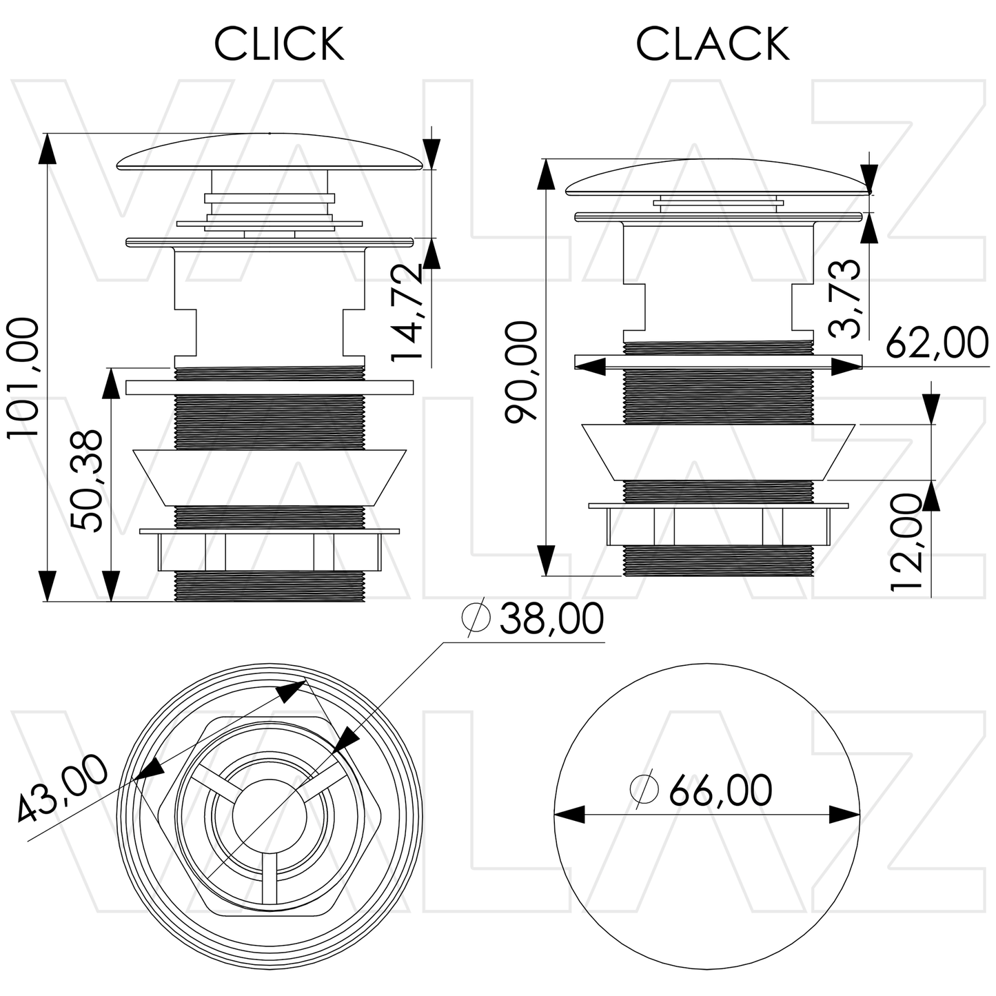 Válvula click clack cromo para lavabo o bidé