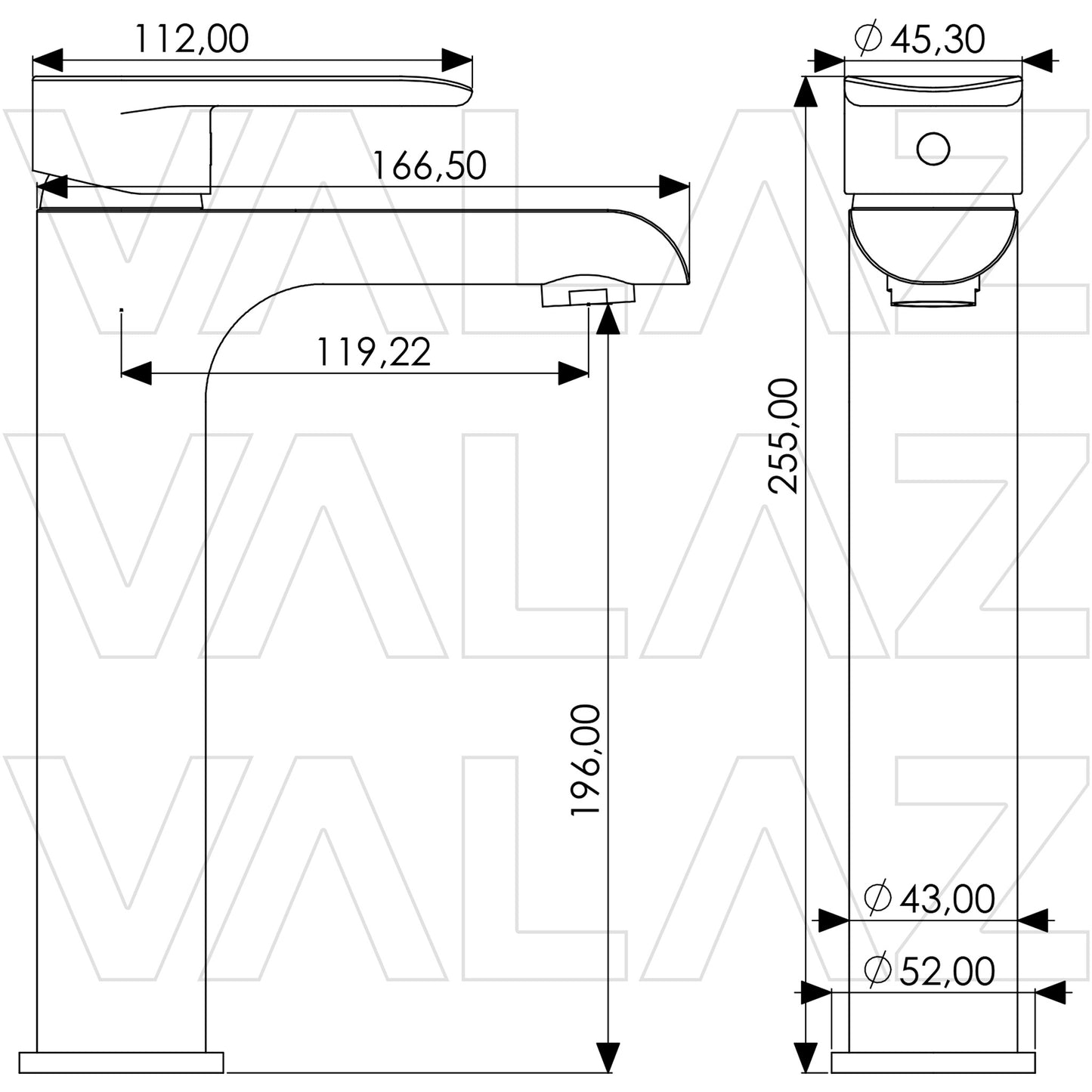 Grifo de lavabo monomando cromo alto serie Turia oro mate